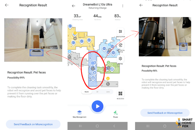 Dreame L10s Ultra объезжает собачьи экскременты во время теста на распознавание объектов.